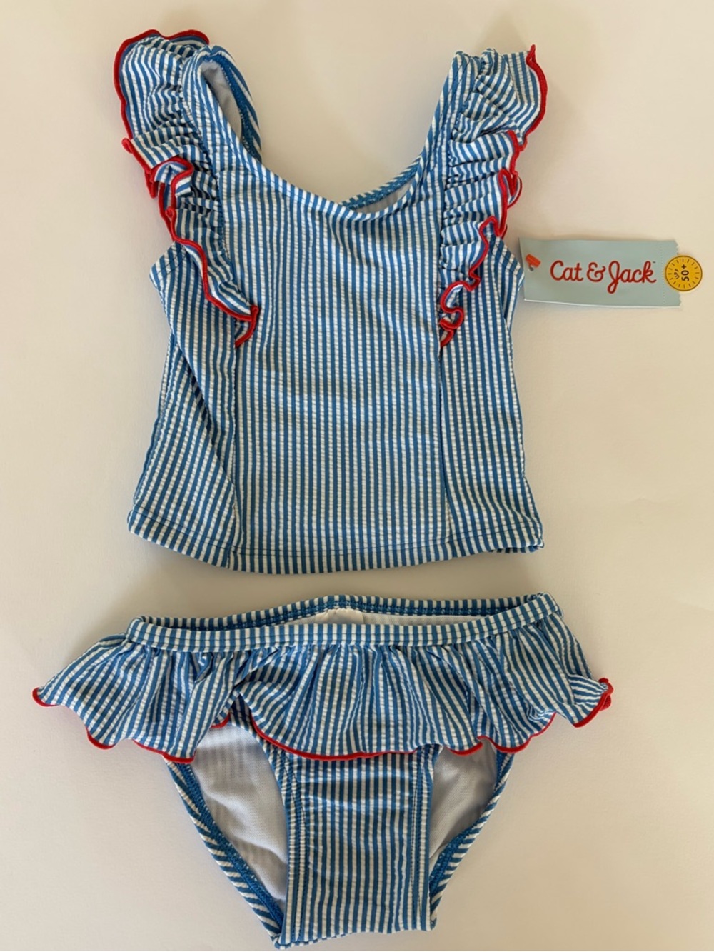 Cat & Jack Blue/White Striped Ruffle Two-Piece Swim Set w/Red Trim. Size 18 Mo